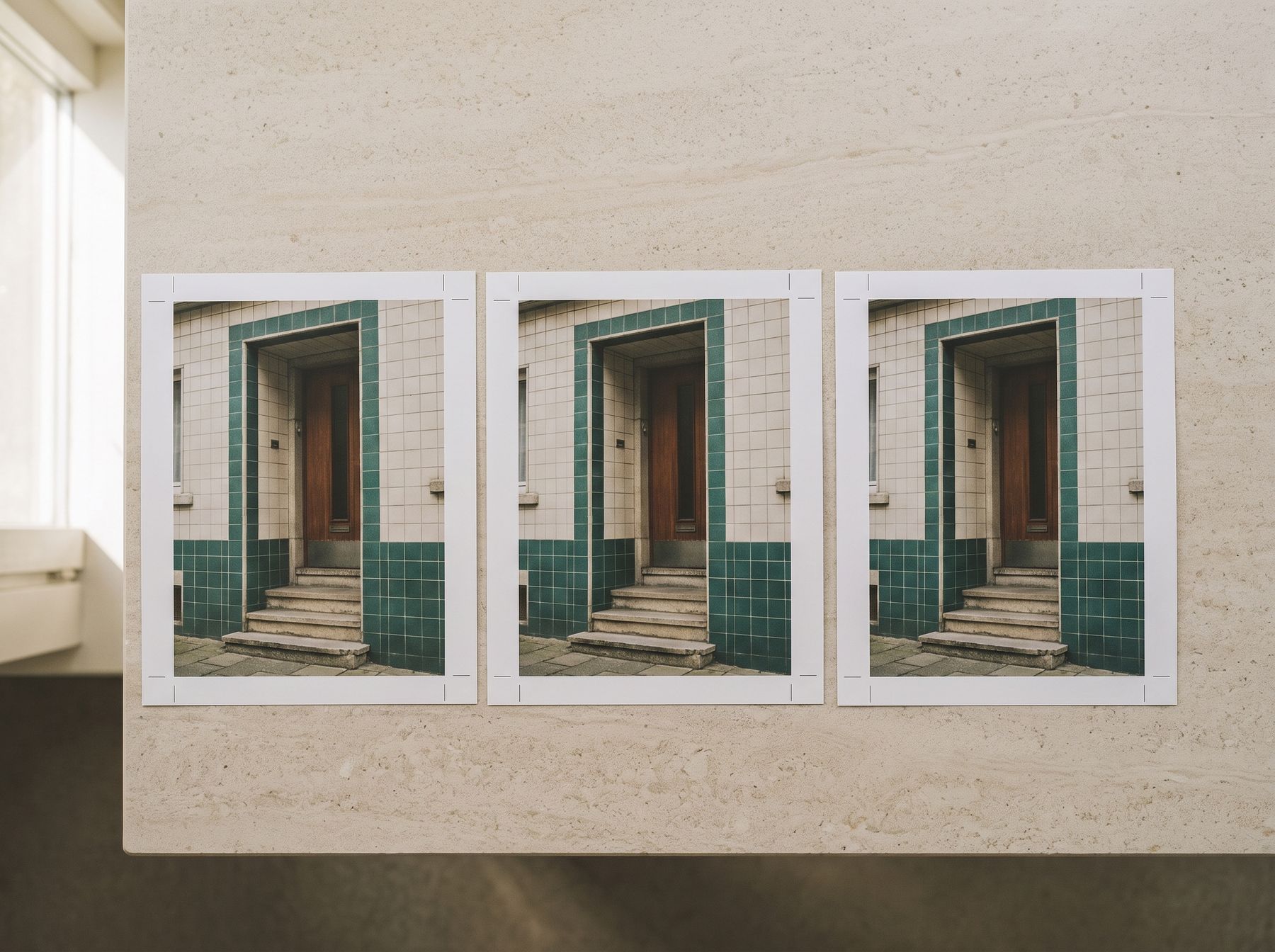 Tiga keping gambar pintu masuk yang sama, diambil pada sudut yang sama, diletakkan bersebelahan.